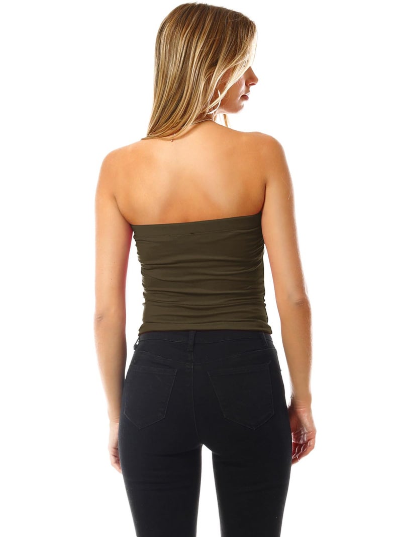 MixMatchy Women's Solid Casual Summer Side Shirring Scrunched Double Layered Tube Top 3PACK - Black/White/Dark Olive M - Image 4